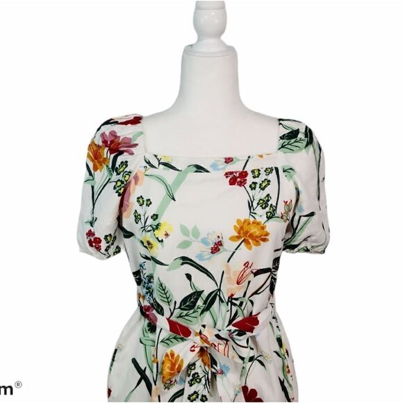 LOFT White Multicolor Floral Puff Sleeve Tent Linen Dress Size 0P Tie Waist - Picture 3 of 12